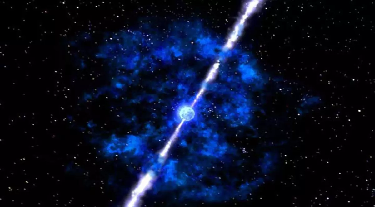 explozie de raze gama, vazută în spațiul cosmic, realizând o dâră verticală de lumină albă, înconjurată de formațiuni de lumină albastre, culminând cu un centru albastru
