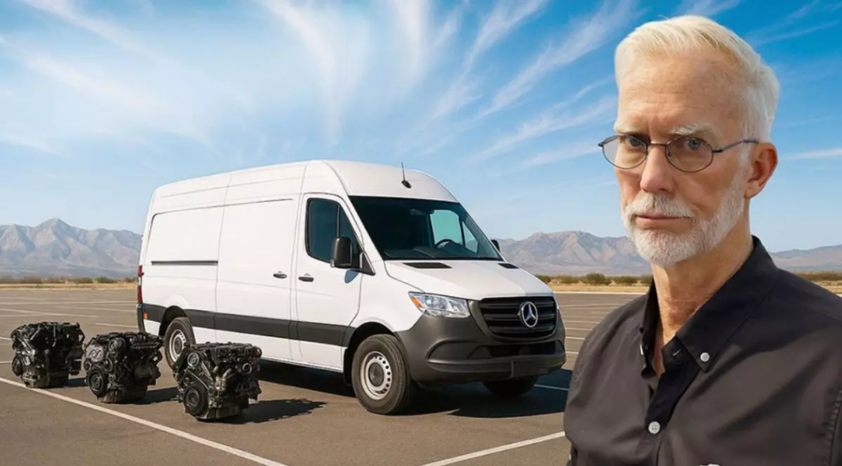 În partea stângă este o mașină Mercedes Sprinter albă, cu trei motoare jos lângă ea, iar în dreapta un bărbat cu părul alb, ochelari și o cămașă neagră, mecanicul auto