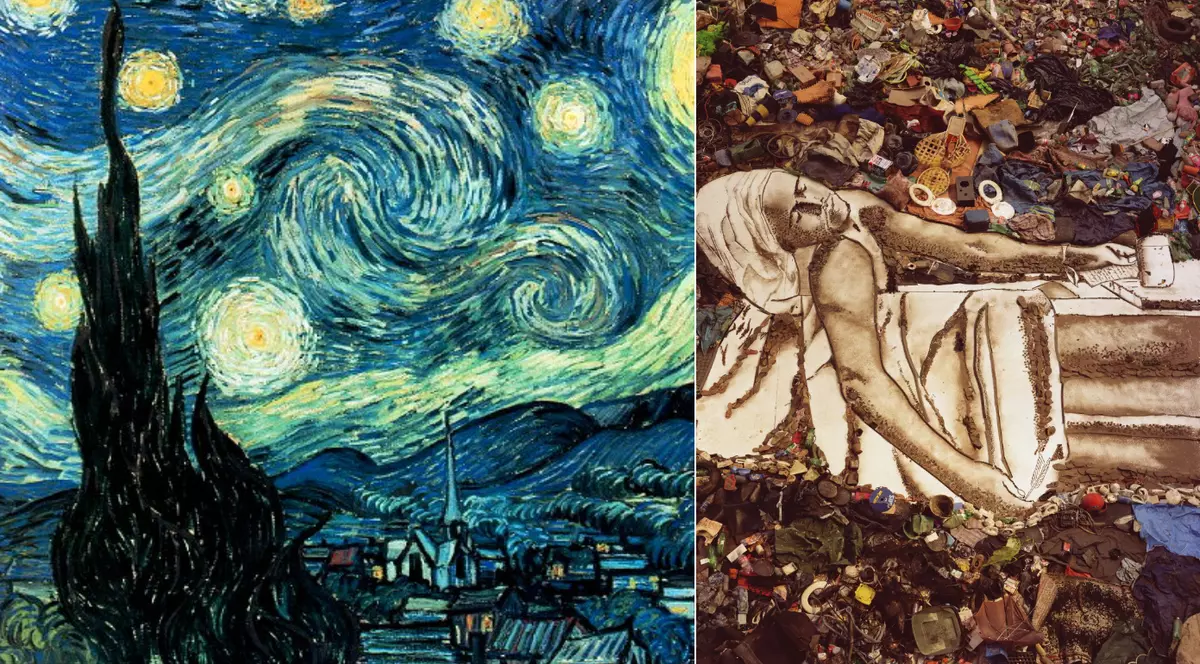 Colaj tabloul "Noaptea instelata" de Van Gogh și Scormonind în gunoaiele orașului, artistul brazilian Vik Muniz