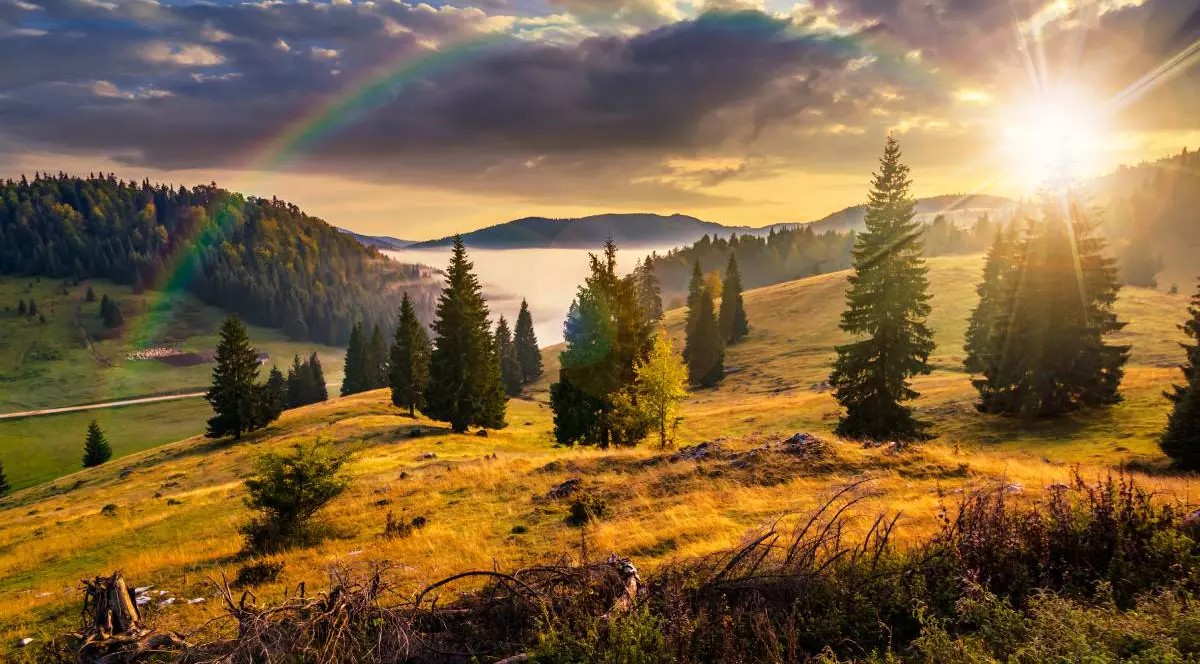 Un peisaj de toamnă la munte în România, soarele răsare peste crestele montane, iar copacii au deja frunze ruginii