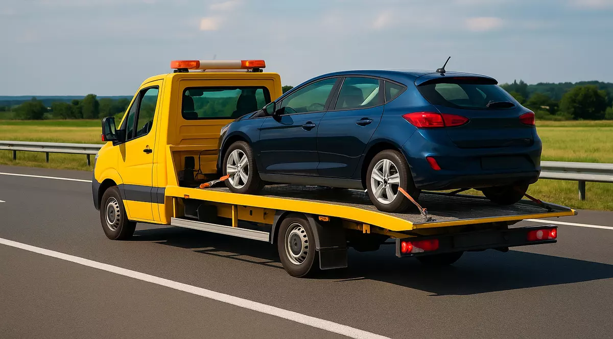E-tractari: poza cu un camion de tractari galben, aflat pe autostrada, avand o masina neagra pe care o tracteaza