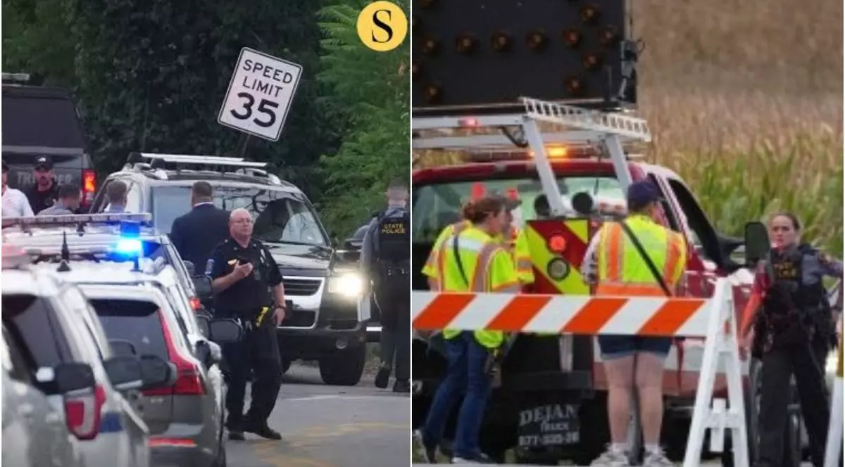 Mai mulți polițiști, însoțiți de echipaje și mașini de poliție, sunt la locul unde trei oameni ai legii au fost împușcați mortal, Codorus Township, Pennsylvania, SUA, 17 septembrie 2025