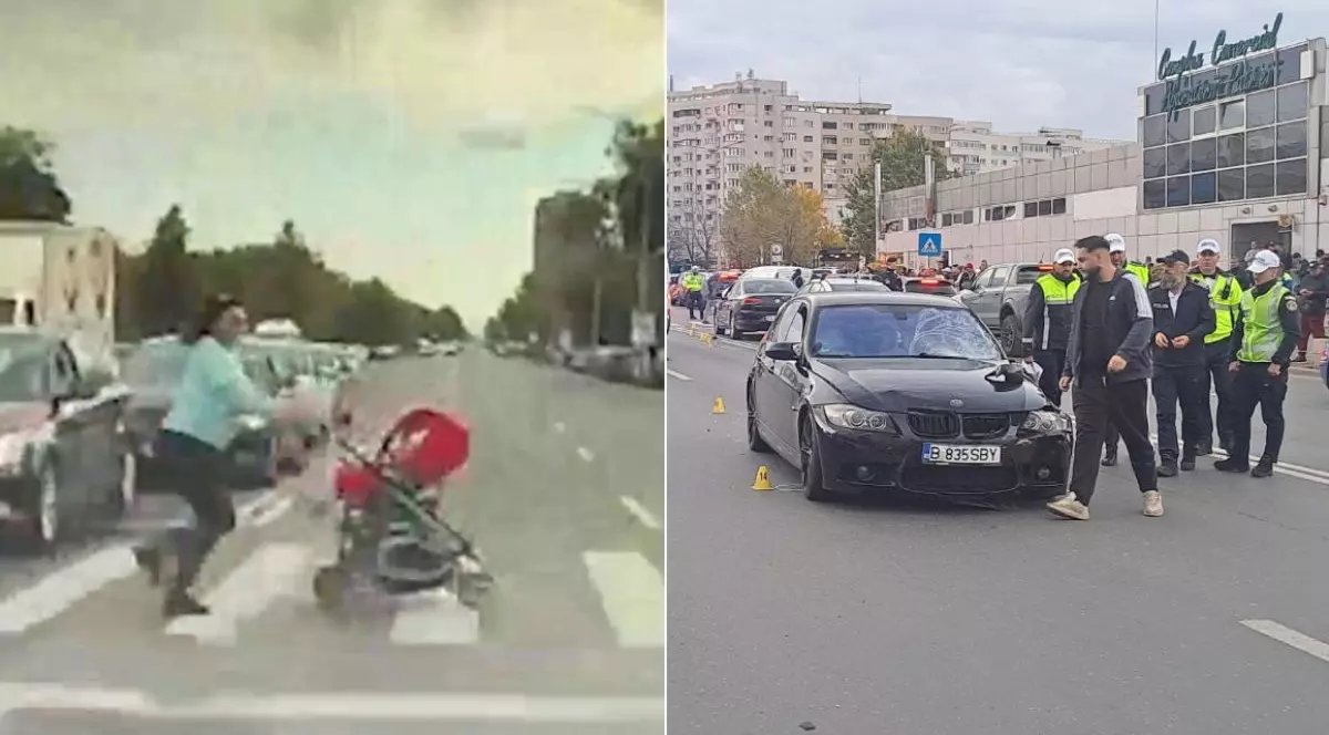 Colaj foto cu femeia care împinge căruțul cu fiica sa, în stânga, și BMW-ul de culoare neagră și șoferul înconjurat de polițiști în uniformă, în dreapta