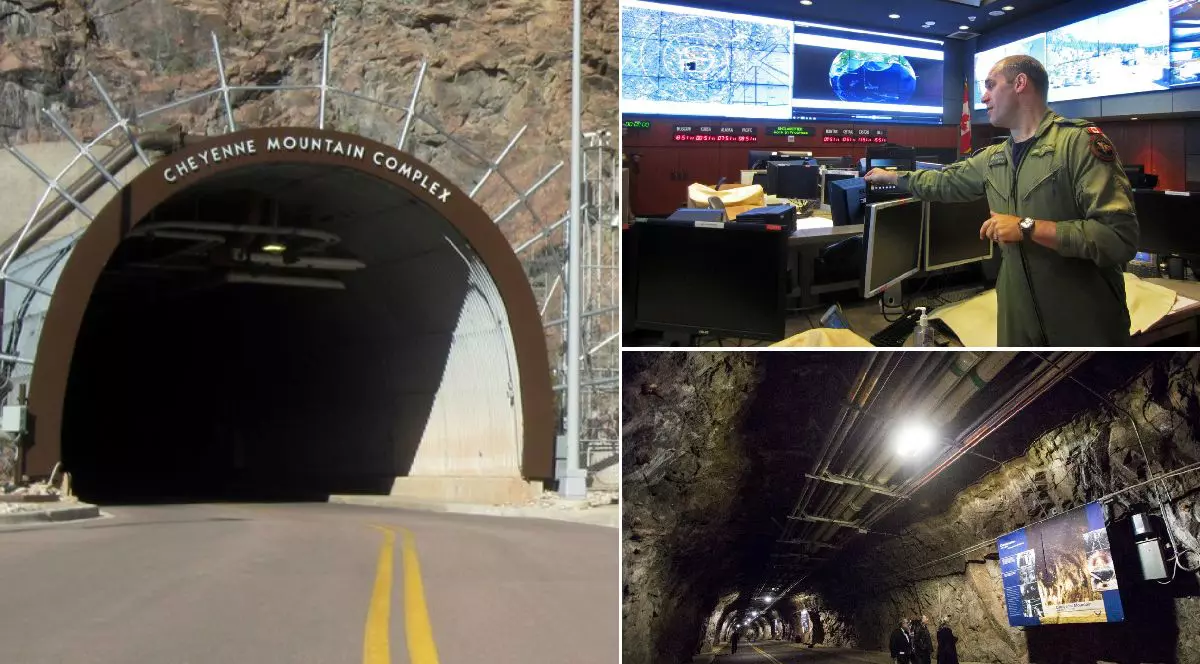 Colaj din trei fotografii care arată intrarea în buncărul din Colorado, oameni care de pe un panou în timp ce vizitează tunelul și un colonel care vorbește în centrul de comană