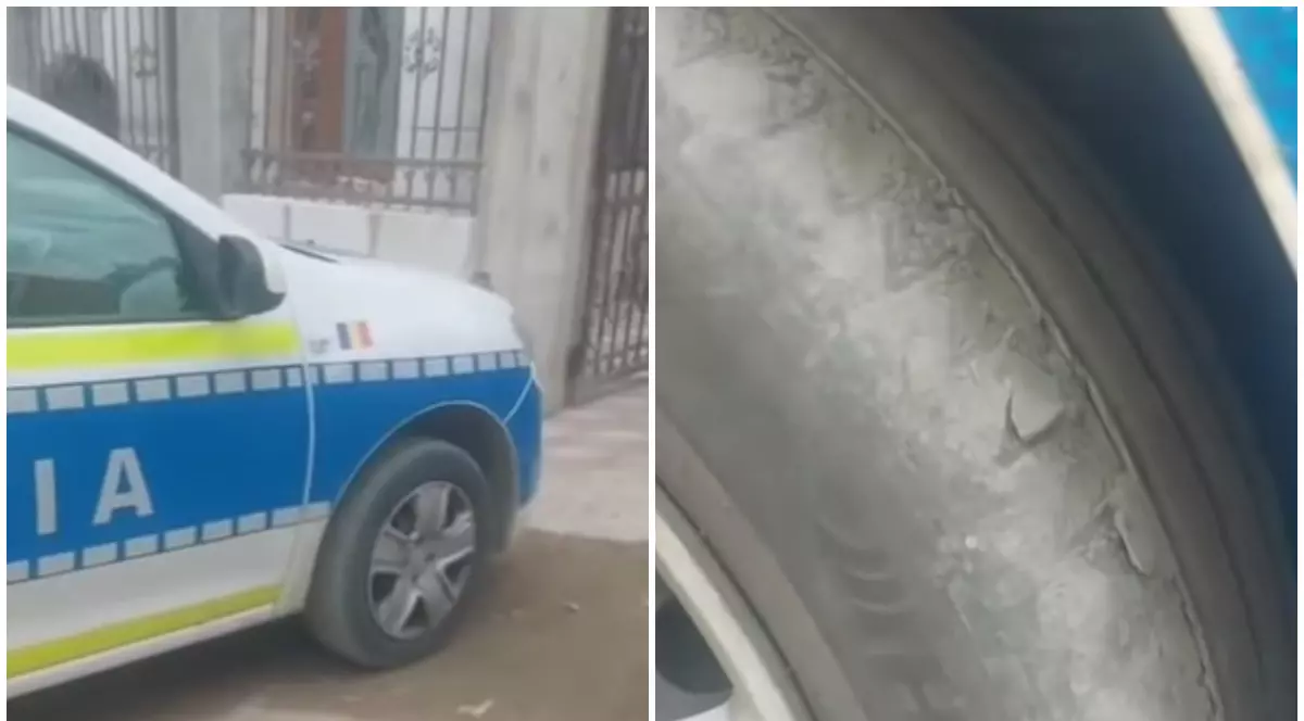 O mașină de poliție care are cauciucurile uzate