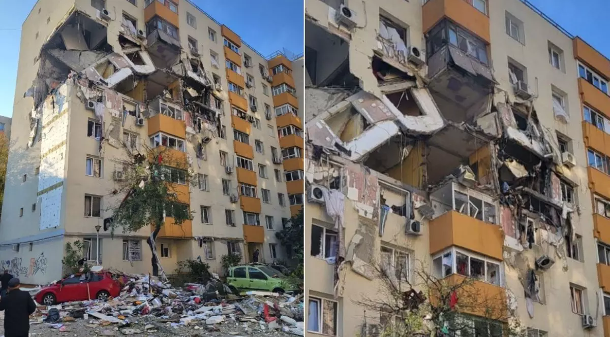 Colaj cu două fotografii în care apare blocul distrus de o explozie, în cartierul Rahova din București, pe 17 octombrie 2025.