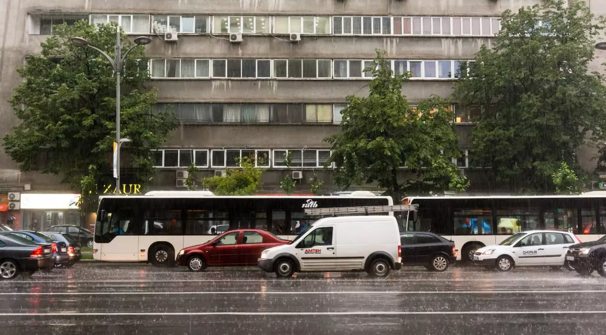 Mașini în București, stau la coadă la semafor într-o zi ploioasă, crengile copacilor se mișcă în bătaia vântului