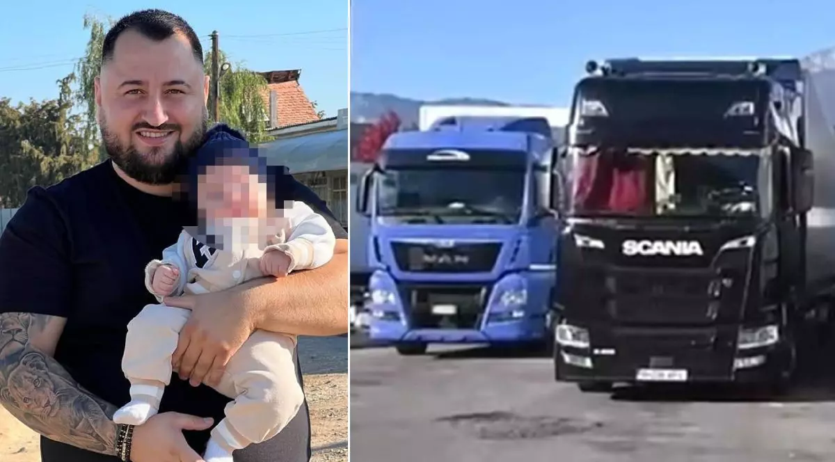 Colaj din două fotografii cu un bărbat în tricou negru care ține în brațe un bebeluș și două TIR-uri staționate într-o parcare