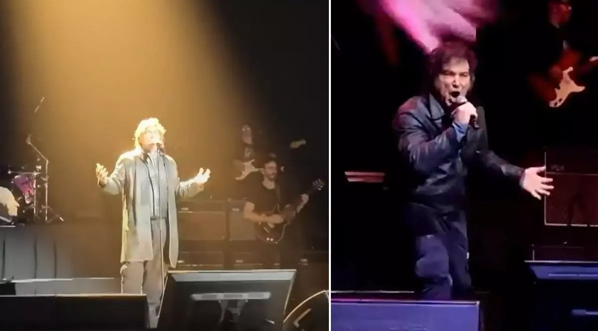 președintele argentinian Javier Milei, îmbrăcat într-un compleu din piele neagră, cu imagini de bombardamente proiectate în spatele său, interpretân melodii ale trupelor rock argentiniene La Renga și Charly García, Movistar Arena din Buenos Aires pe 6 octombrie 2025