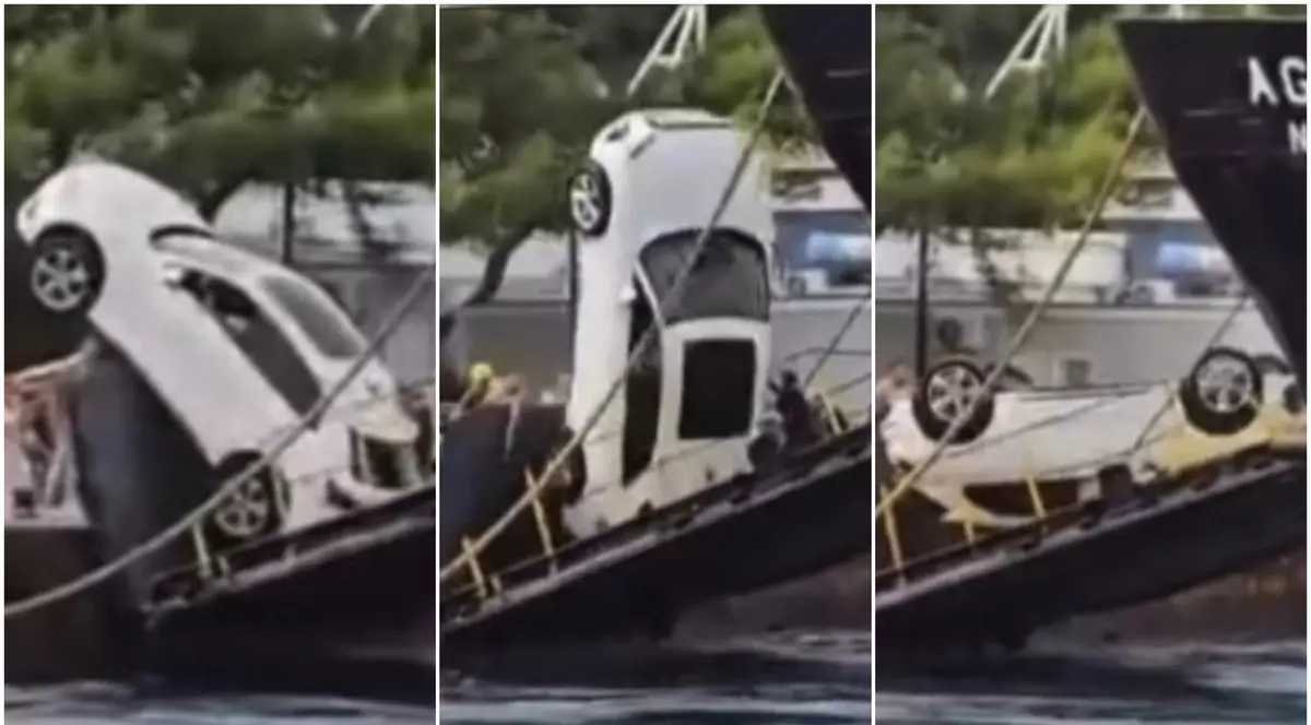 Colaj din trei fotografii care arată o mașină albă răsturnată pe rampa unui feribot