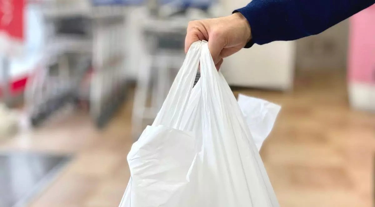 Mâna unui bărbat care ține o pungă albă din plastic în care a făcut cumpărături