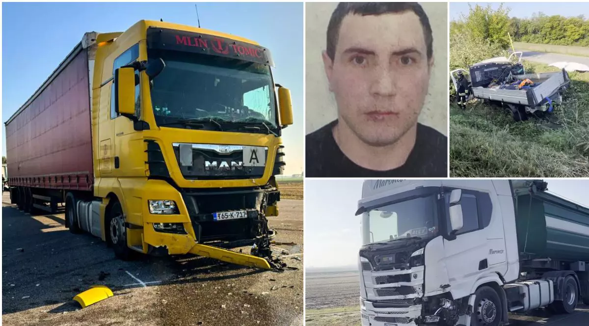 Colaj din patru fotografii care arată portretul unui tânăr, două camioane și o autoutilitară avariate după un accident