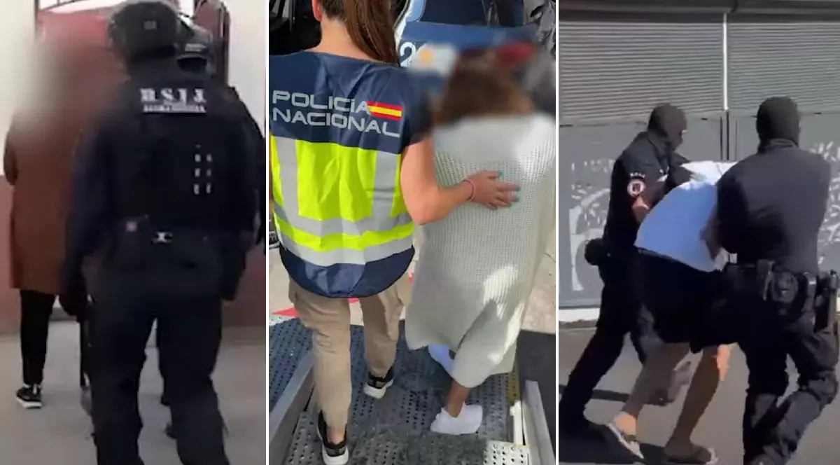 Colaj din trei fotografii, care arată mai multe persoane în timpul unor percheziții. Persoane încătușate sunt însoțite de forțe de ordine