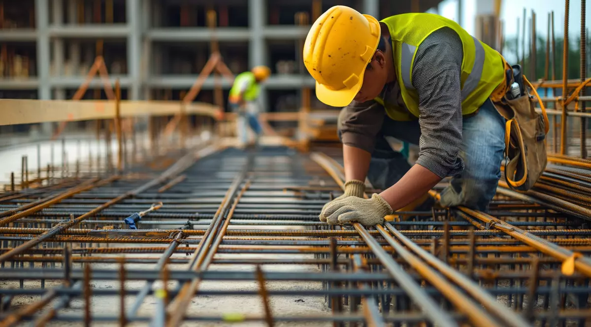 Muncitor cu cască galbenă pe un șantier de construcții