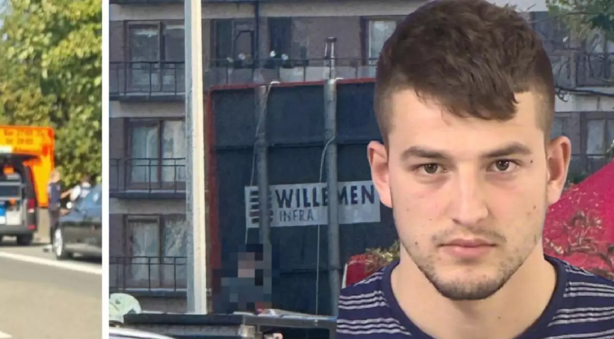 Colaj din două fotografii: mașini pe o stradă și portretul unui tânăr îmbrăcat cu tricou albastru cu dungi albe având în fundal o clădire