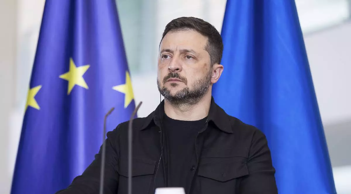 Pe;edintele Volodimir Zelenski ]n timpul unei conferințe de presă