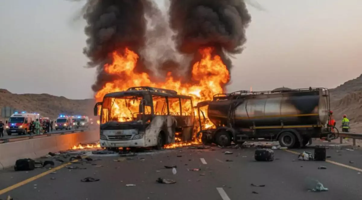 Un autocar în flăcări, aflat pe mijlocul străzii, mașina arde ca o torță, iar lângă el este o cisternă. În fundal se văd mașinile de poliție care intervin