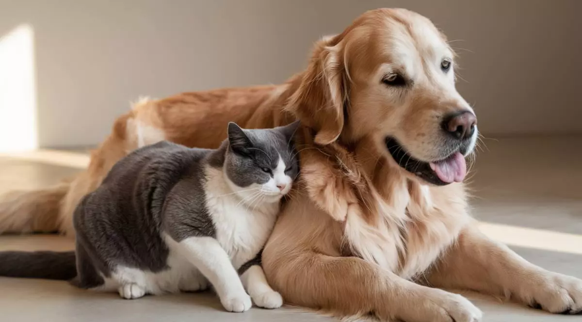 Un caine golden retriever si o pisica alb cu gri stau asezati, unul langa celalalt