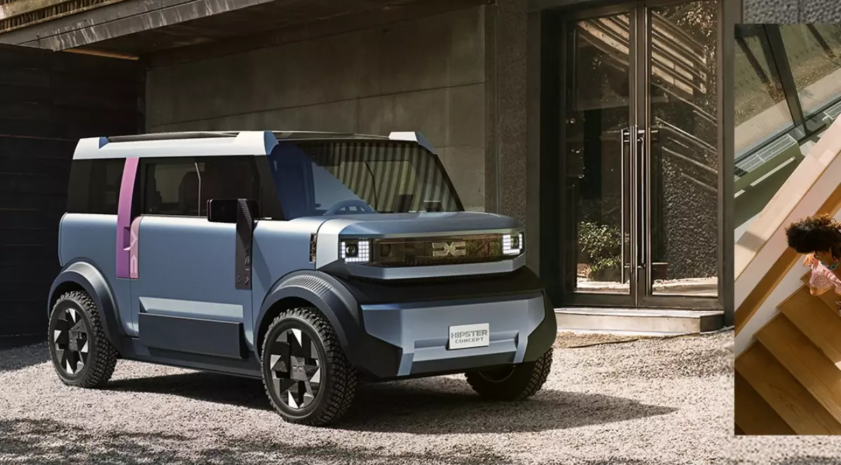 O randare a unei mașini Dacia Hipster, parcată în fața unei case