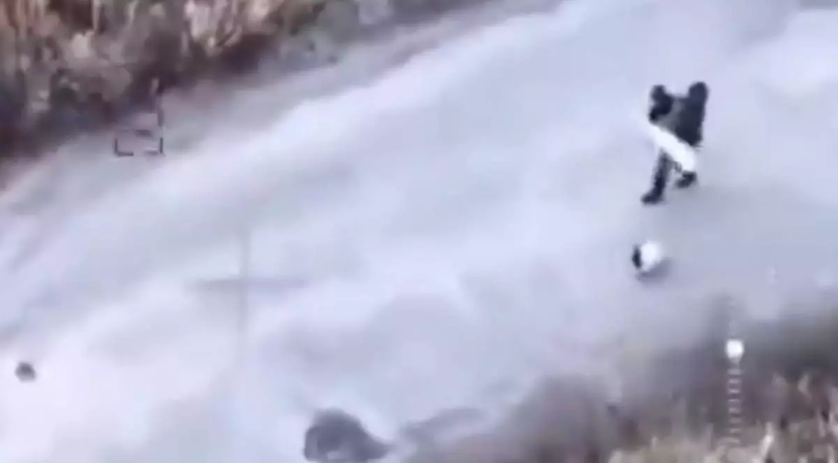 Captura video cu imaginile filmare de o drona cu o persoana care merge pe un drum, tinand un steag alb si plimba un catel alb cu negru