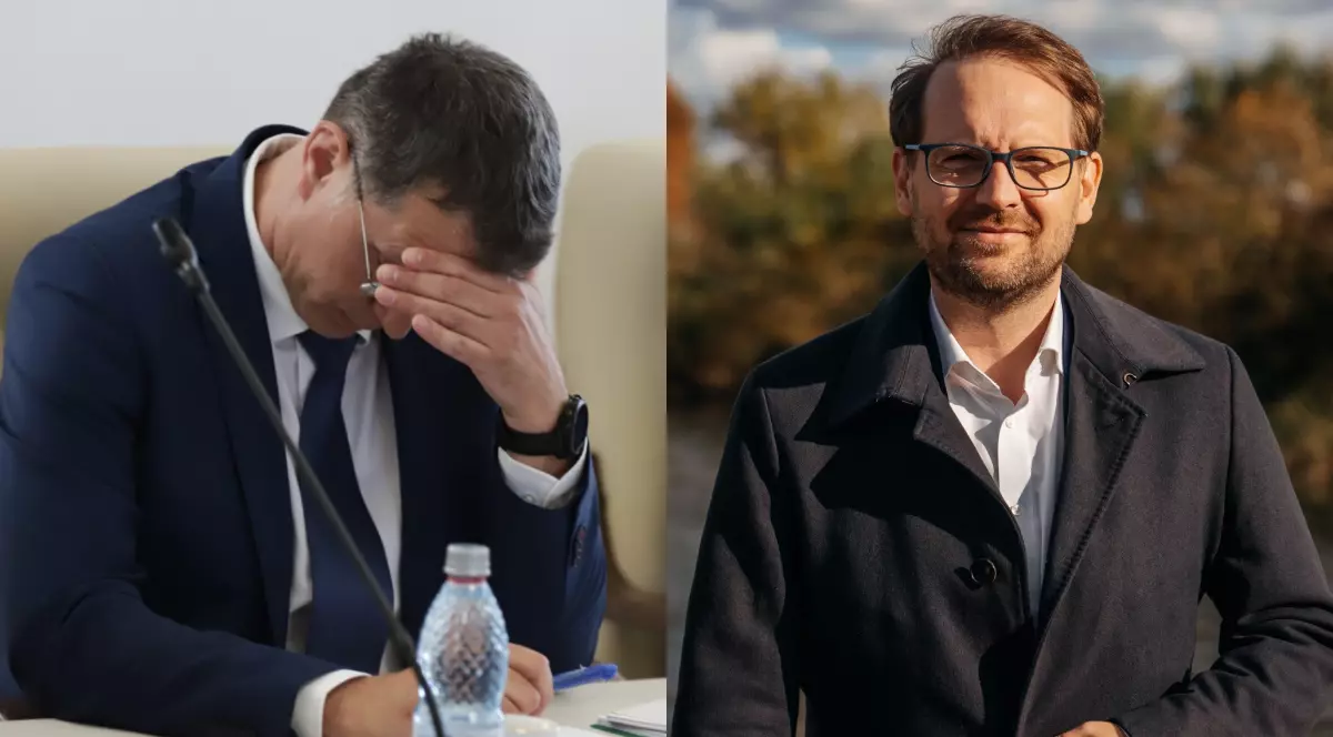 Un colaj din două fotografii, în imaginea di stânga este Ionuț Moșteanu, cu capul sprijinit în palme, în a doua imagine este Dominic Fritz, în timp ce zâmbește și poartă un palton negru