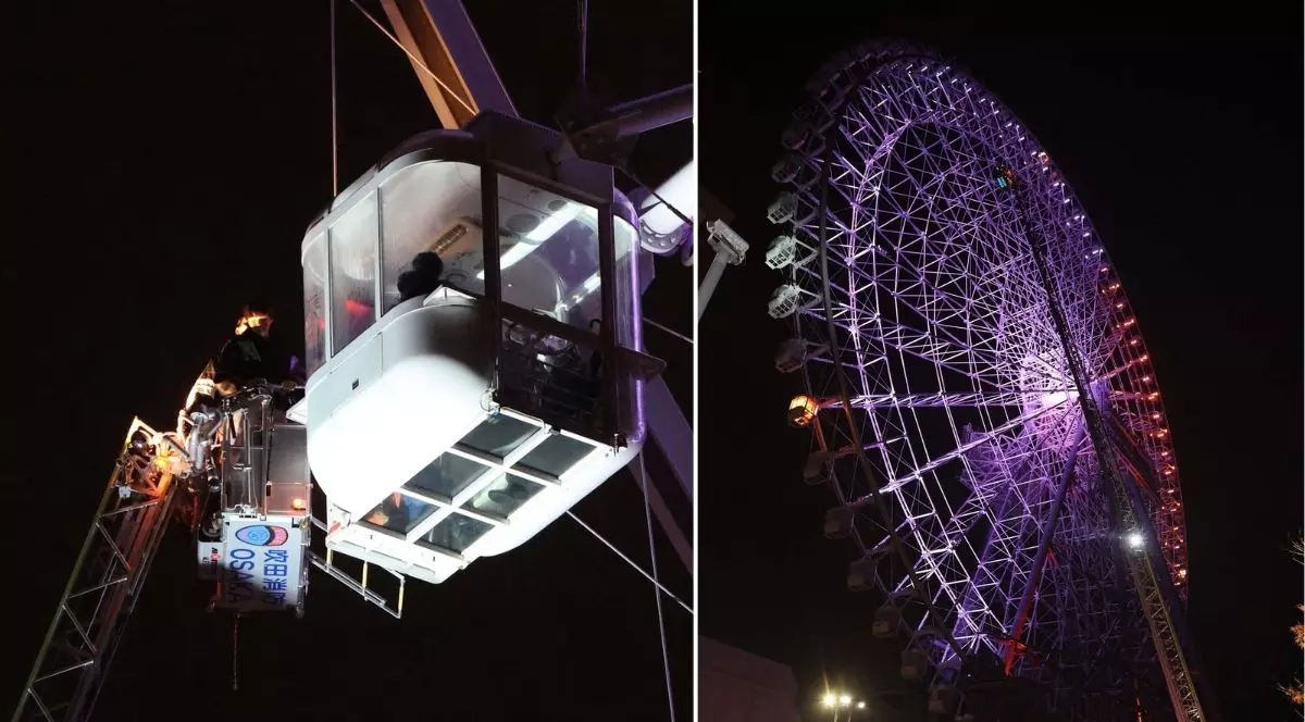colaj foto format din două imagini: imaginea din dreapta arata un pompier pe o macara apropiindu-se de o cabina a unei roți panoramice iar imaginea din dreapta arata roata panoramică din Osaka, Japonia, blocată după ce a fost lovită de un fulger, 26 noiembrie 2025