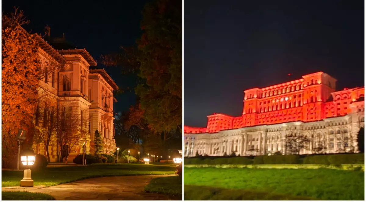 Palatul Cotroceni (stânga) și Palatul Parlamentului (dreapta) iluminate în portocaliu.
