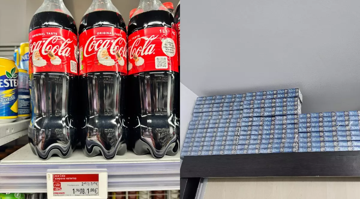 Colaj: in stanga sticle de cola cu Moș Crăciun pe un raft/ in dreapta rezerva de cartuse de tigari din Bulgaria a unui român, pusă pe un șifonier