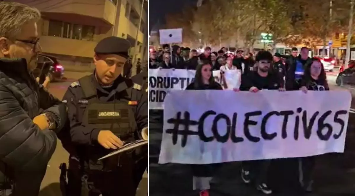 Colaj din două fotografii: imaginea din stânga îl arată pe Marian Rădună, organizatorul marșului de comemorare Colectiv alături de un jandarm care îi citește un proces verbal, iar imaginea din dreapta arată mai mulți tineri în timpul marșului în memoria victimelor incendiului din Colectiv