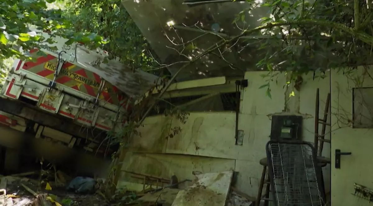 camion abandonat într-o grădină, înconjurat de frunze și ierburi