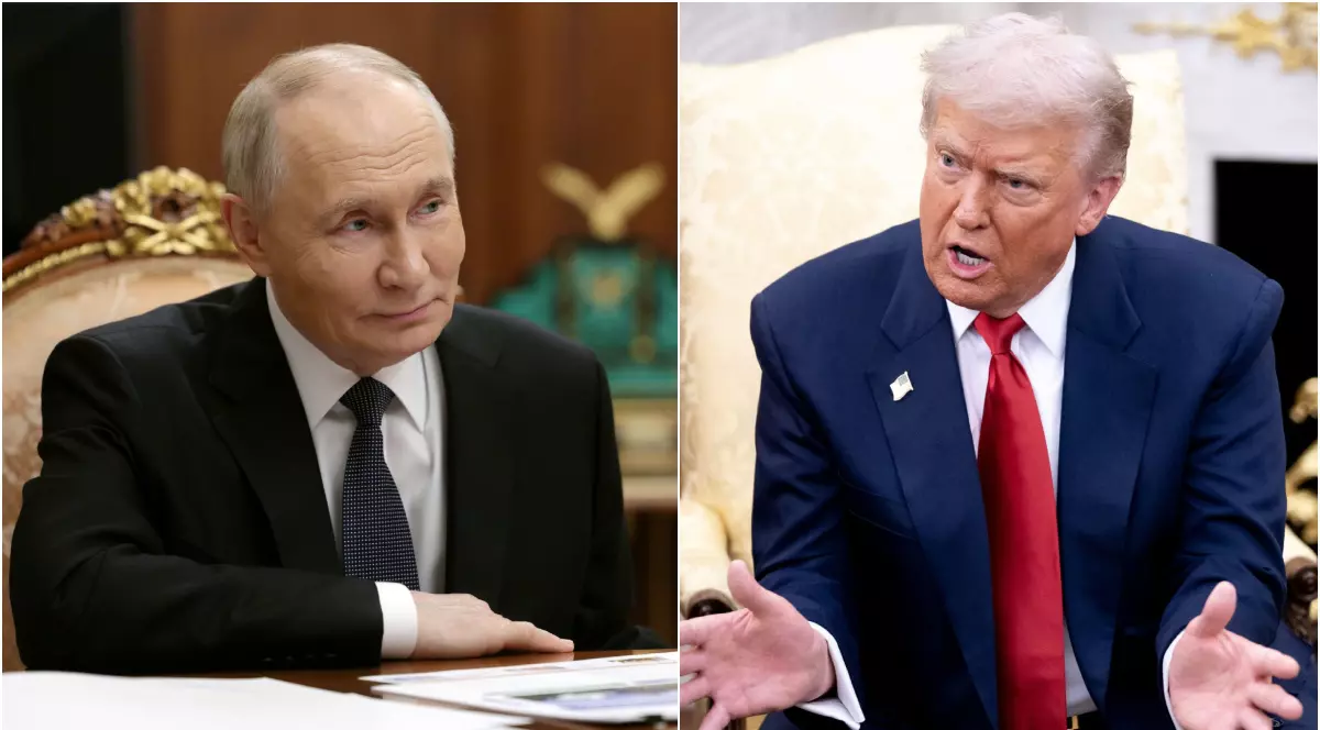 Vladimir Putin, în stânga, Donald Trump, în dreapta, ambii îmbrăcați la costum.