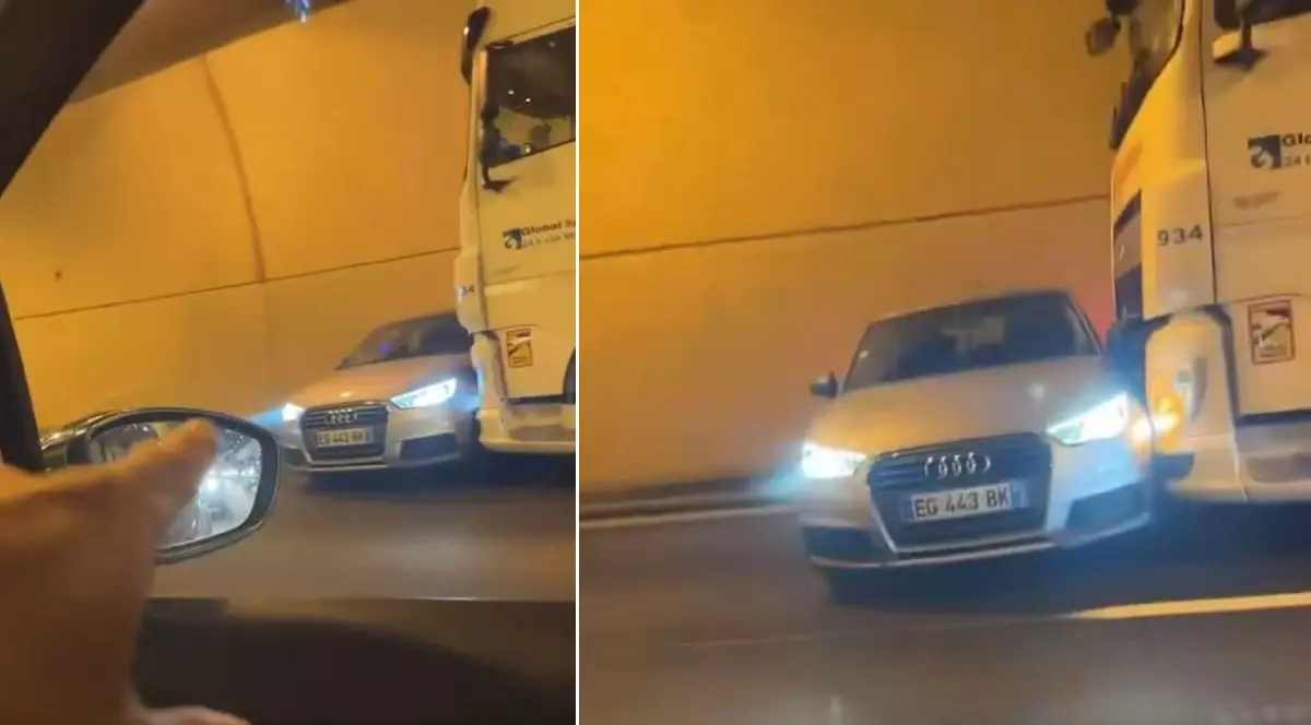 Colaj din două fotografii care arată o mașină Audi târâtă de botul unui camion, într-un tunel