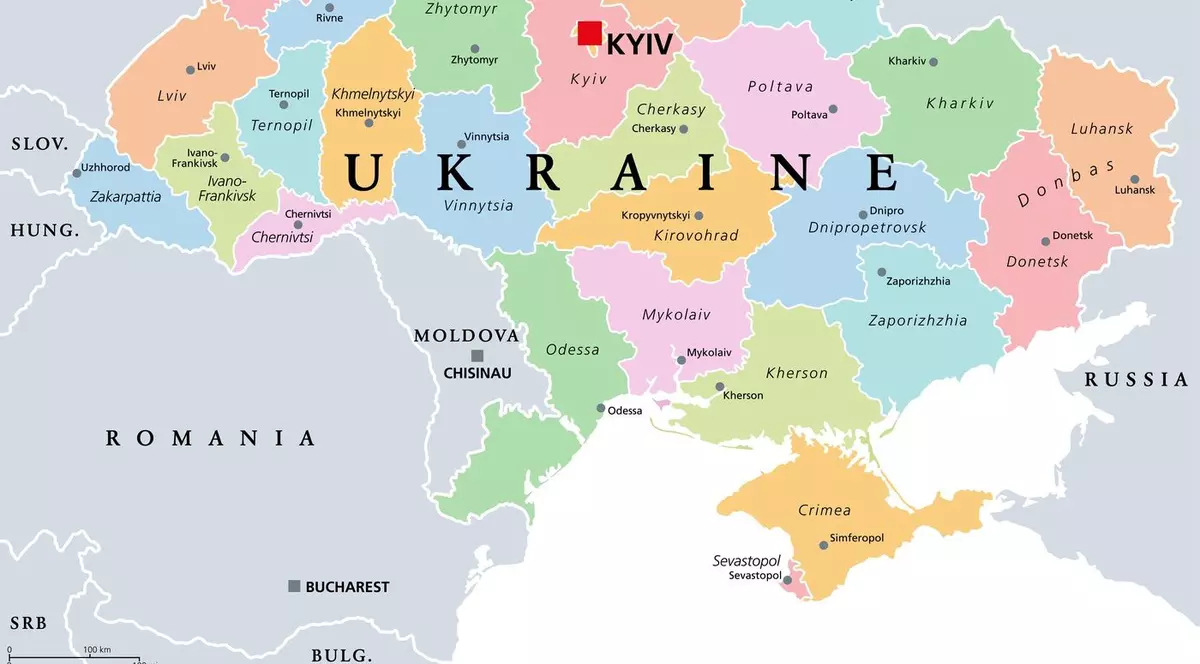 Harta Ucrainei. Peninsula Crimeea, în partea de jos, este situată între Marea Neagră și Marea Azov Foto: Profimedia