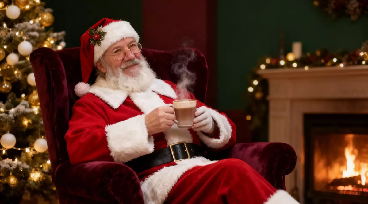 Mos Craciun bea o cafea