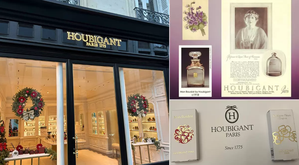 Buticul de parfumuri Houbigant din centrul Parisului (stânga), prima reclamă a unui cap încoronat pentru un parfum (dreapta, sus) și mostre „Mon Boudoir”, parfumul preferat de Regina Maria