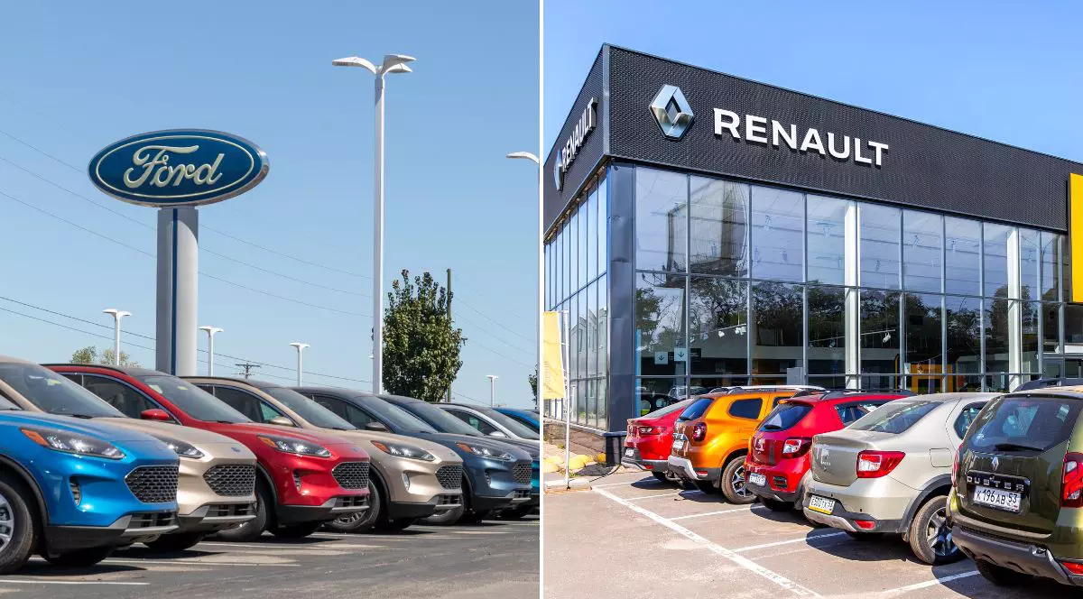 colaj foto format din două imagini: imaginea din stânga arată o reprezentanță auto ford, cu mașini parcate în față, iar imaginea din dreapta arată o reprezentanță auto renault, cu mașini parcate în lateralul ei
