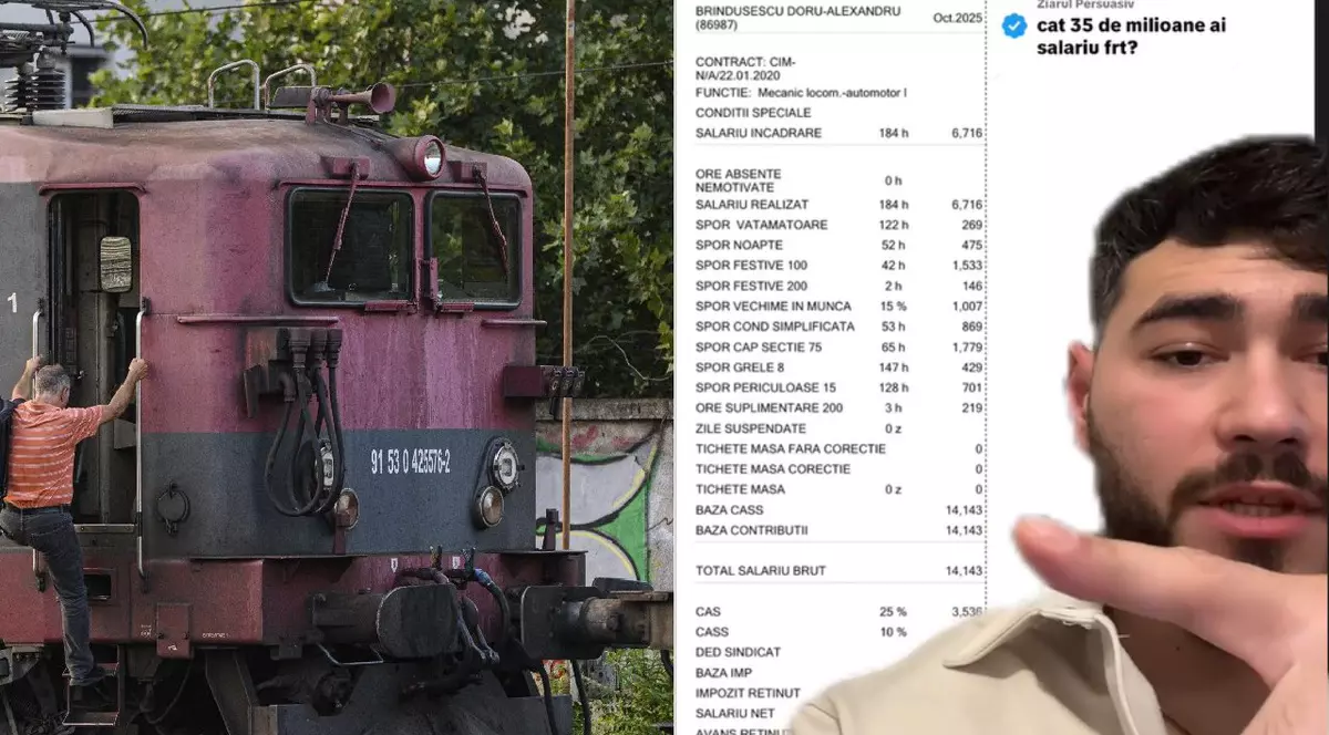 Colaj: in stanga un barbat cu geaca portocalie se urca intr-o locomotiva CFR/ in dreapta un barbat cu bluză bej arată spre fluturașul de salariu