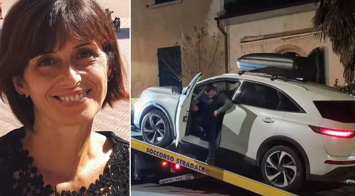 Fotografie cu o femeie zâmbitoare cu părul scurt și castaniu, în stânga; o mașniă albă pe o platformă în dreapta, cu un bărbat în interior.