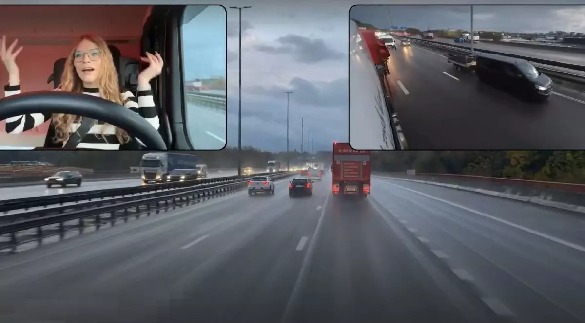 Colaj fotografic care prezintă o șoferiță îmbrăcată într-un pulover cu dungi albe și negre, un autobuz roșu cu etaj pe o autostradă și o stradă aglomerată și ploioasă.