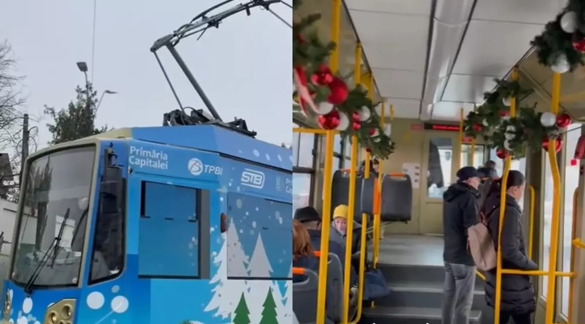 Un colaj cu două fotografii din Tramvaiul Colindelor, în imaginea din stânga se vede tramvaiul colantat cu folie albastră cu brazi albi, iar în imaginea din dreapta este interiorul acestuia decorat cu ghirlande din brad cu globuri albe și roșii