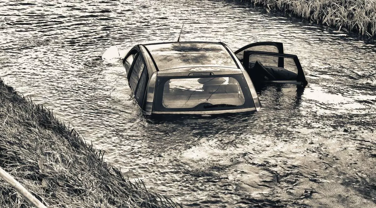 O mașină este căzută într-un râu, în părți se vede stuf, iar fotografia este alb-negru