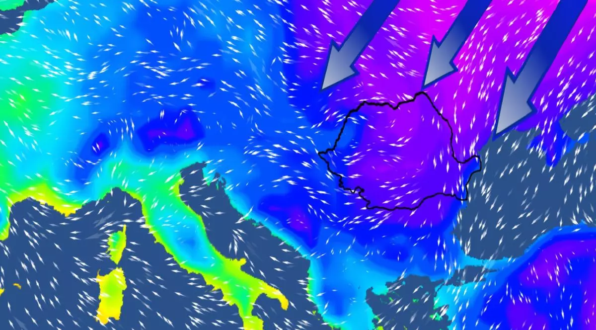 Hartă meteorologică care folosește culori vii, precum verde, mov, albastru și galben, pentru a reprezenta diferite condiții meteorologice.