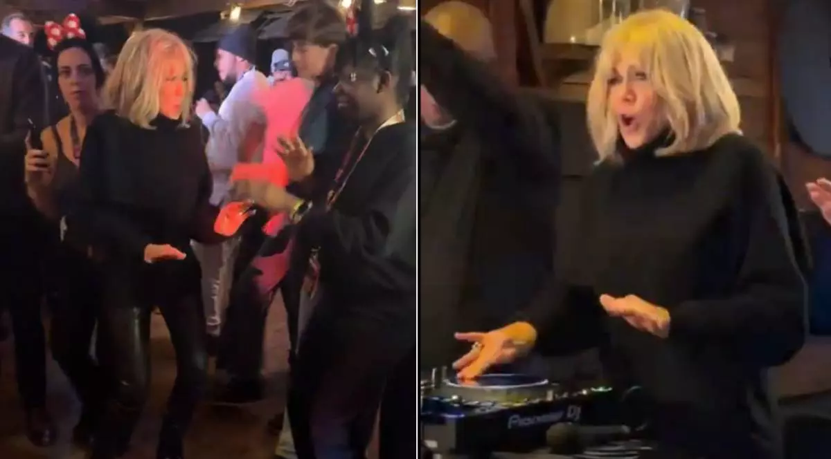 Colaj cu Brigitte Macron, imbracata in pulover negru si pantaloni de piele negri, danseaza si mizeaza muzica, alaturi de multi oameni, intr-un local cu lumina difuza, la Disneyland Paris, ianuarie 2026