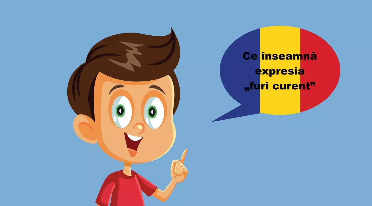 Ce înseamnă expresia „furi curent” - Ilustrație cu un băiețel care învață limba română, pe un fundal albastru