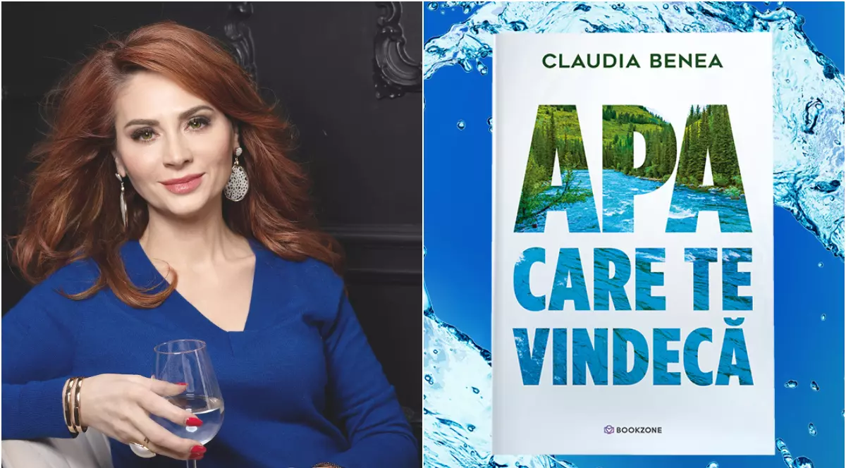 Un colaj cu Claudia Benea, specialist în hidratare, imbracată intr-o bluza albastra cu un pahar de apă în mână si coperta cartii Apa care te vindecă