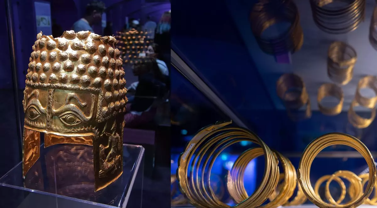 Colaj: Dreapta mai multe brățări dacice din aur/ Stânga: Coiful de la Coțofenești