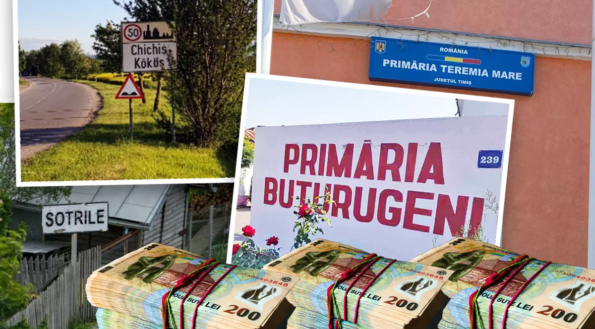 Un colaj cu numele mai multor comune si primarii si teancuri de bani