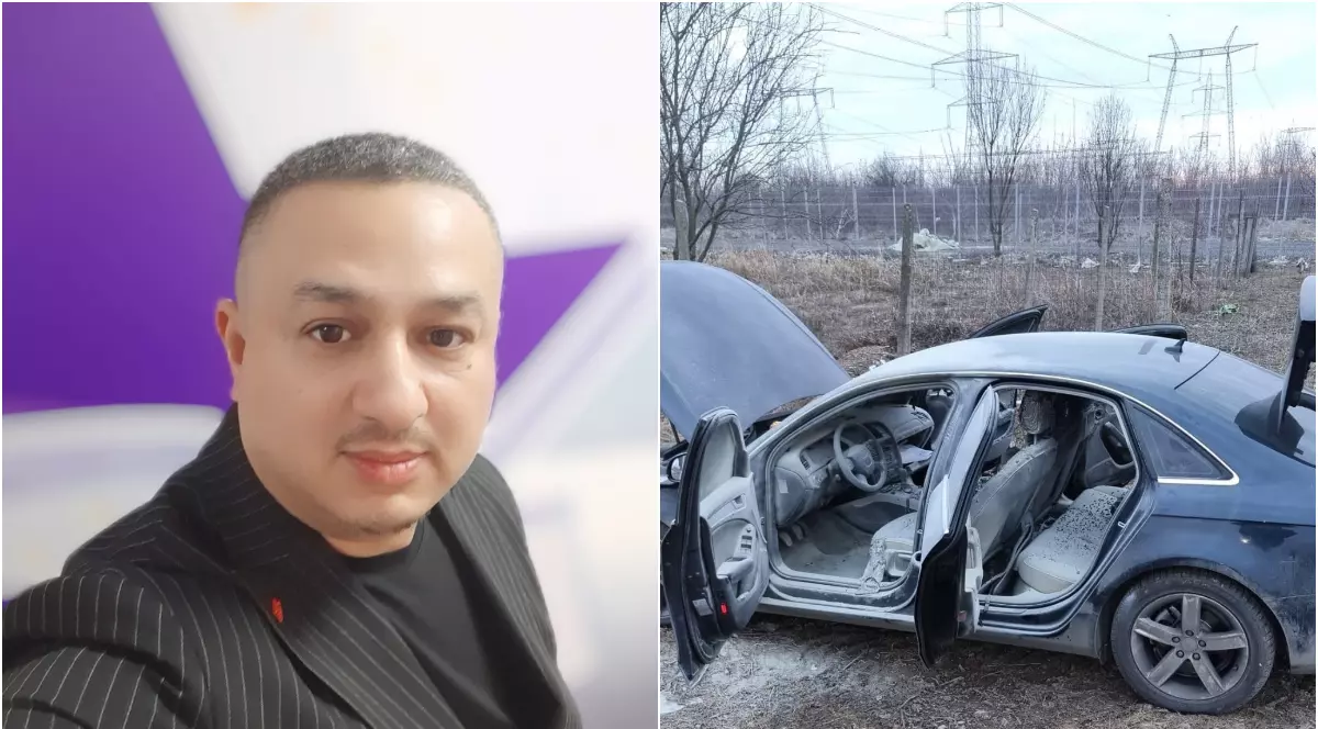 Colaj cu un barbat imbracat in negru si o masina incendiata