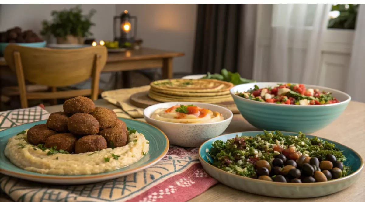 Masa de Paste cu mancare vegana. Falafel si humus, tabooleh si masline