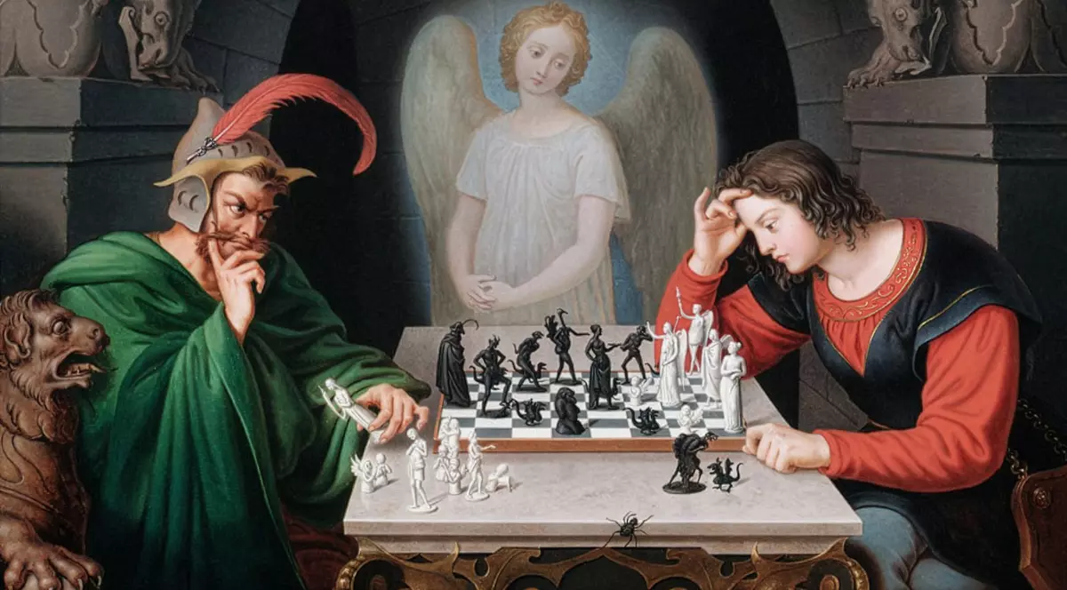O pictură ce reprezintă doua personaje la o masa jucand sah